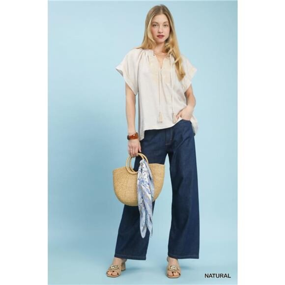 Umgee Embroidered Boho Blouse with Tassel Tie - Picture 5 of 5